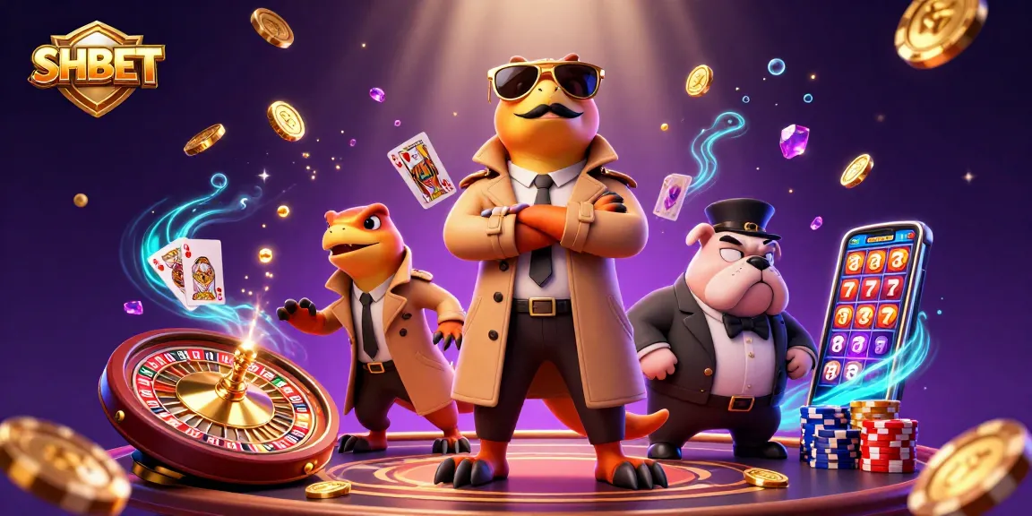 SHBET raptors in a trench coat entering a casino, surrounded by vibrant gaming elements and glowing effects