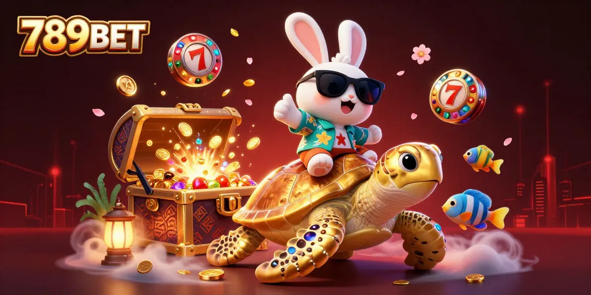 Winning with 789BET: Cartoon rabbit and turtle in a vibrant casino underwater scene, highlighting fun.
