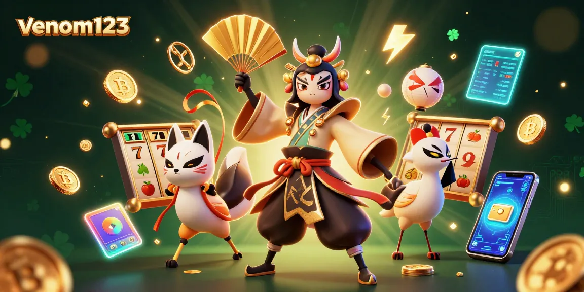 Permainan slot online di venom123 dengan karakter kabuki dan elemen kasino yang menarik.