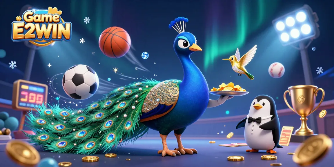 Experience Game E2WIN with dynamic sports elements and vibrant casino characters in a captivating scene