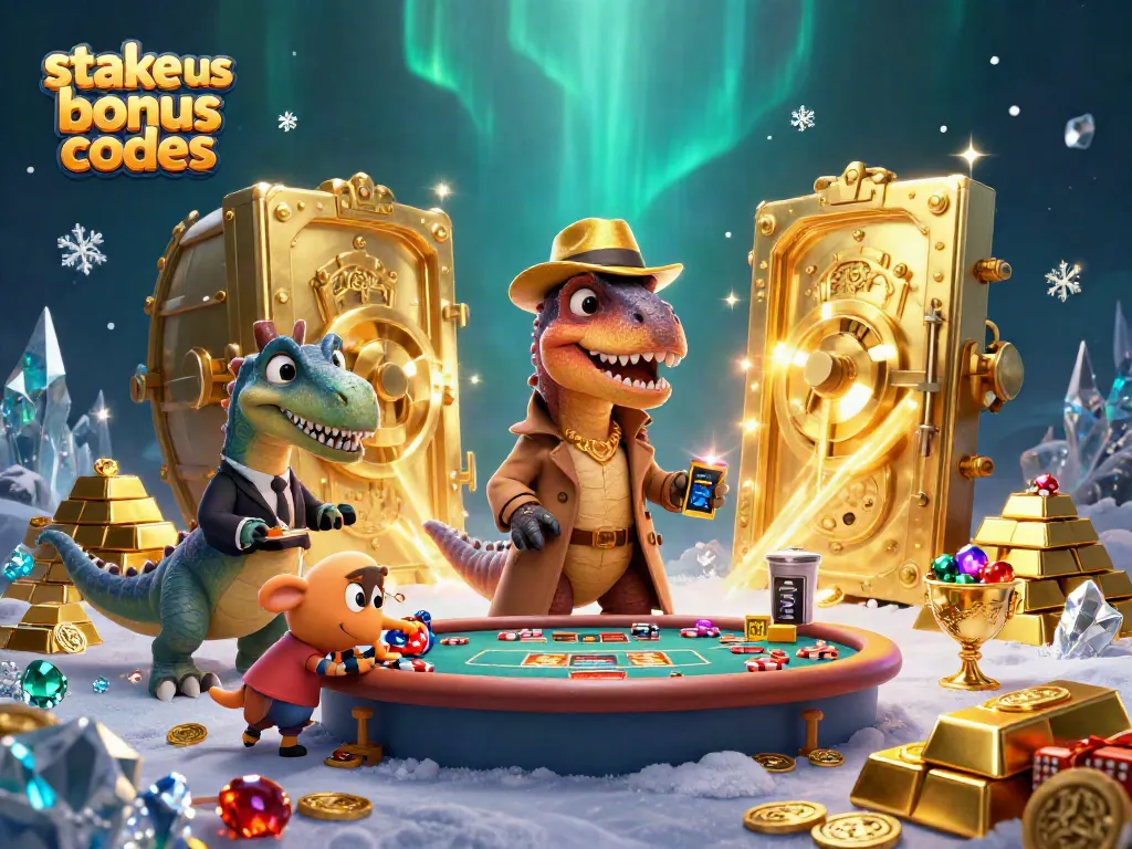 Engage with stake us bonus codes at an exciting casino scene featuring a velociraptor at a blackjack table.