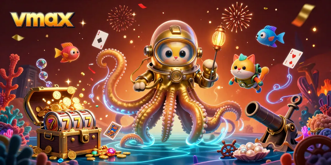 Engage in vmax casino adventures with a dazzling 3D illustration of a kraken and vintage diver amidst vibrant gambling elements.