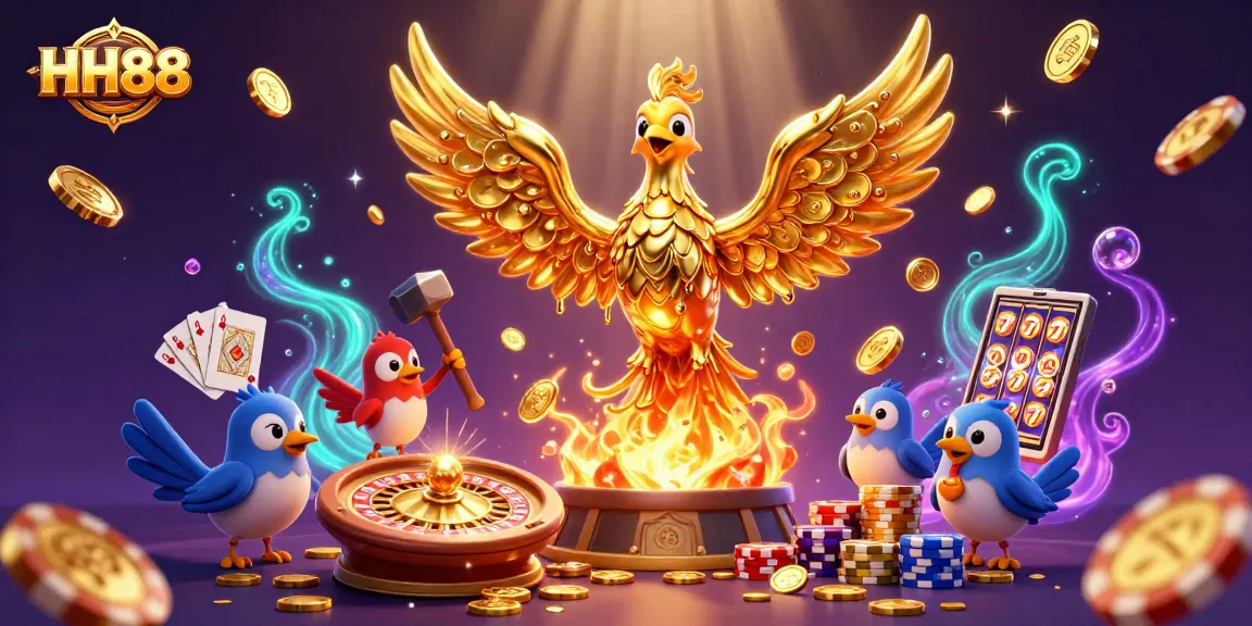 Experience the thrill of HH88 with a vibrant casino scene filled with golden phoenix and gaming excitement.