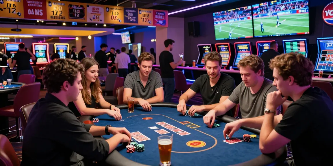 bandarbola855 excitement in a vibrant gambling lounge with friends around a poker table