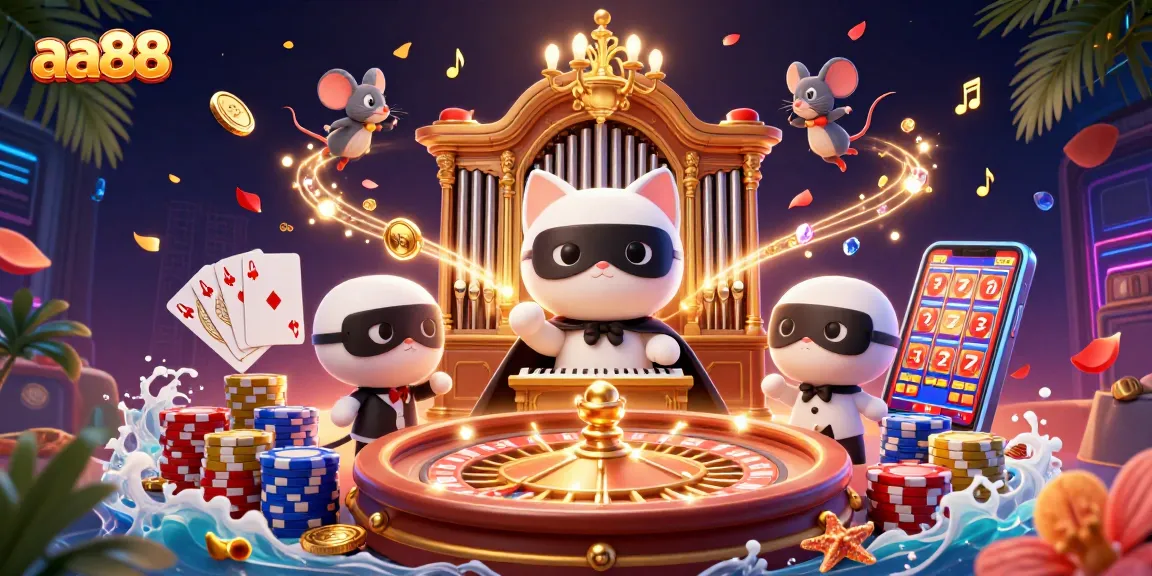 Win big with aa88 in a captivating casino scene featuring whimsical characters and vibrant game elements.