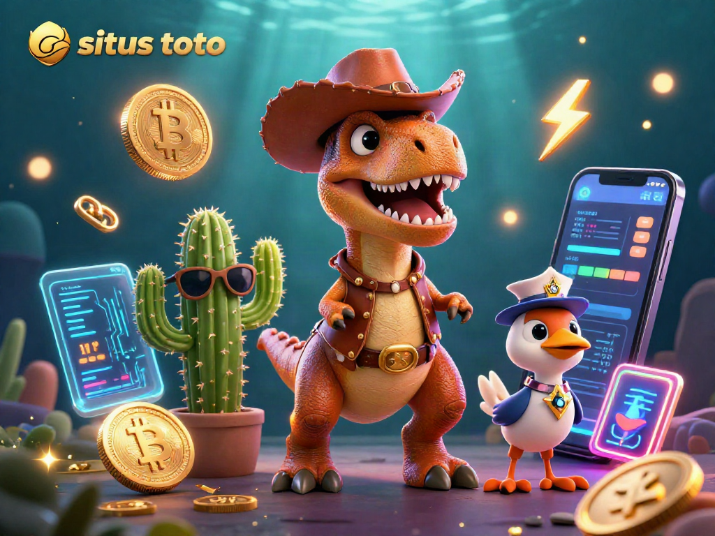Bet on situs toto with a dynamic 3D scene featuring a T-Rex cowboy dinosaur and crypto elements.