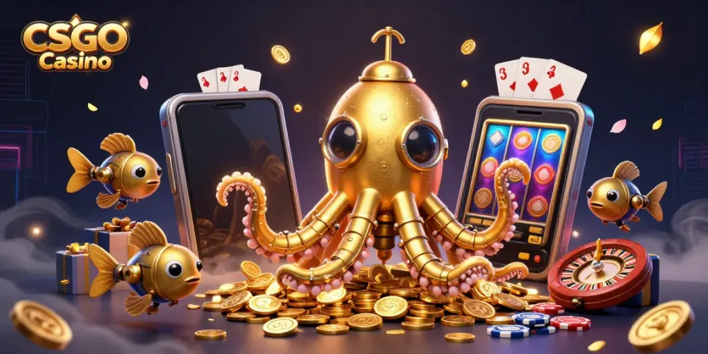 Experience thrilling gameplay with CSGO Casino showcasing a golden kraken submarine amidst coins and vibrant game elements.