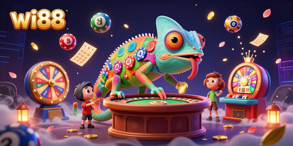 Experience the vibrant excitement of wi88 with a colorful casino scene featuring a dynamic chameleon owner.