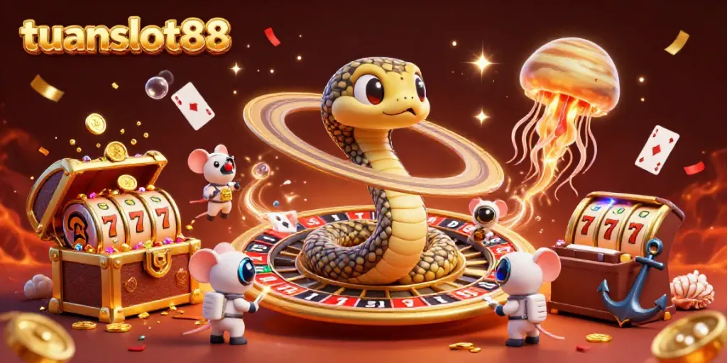 Taruh taruhan bersama tuanslot88 pada roda roulette yang dikelilingi simbol slot dan harta karun.