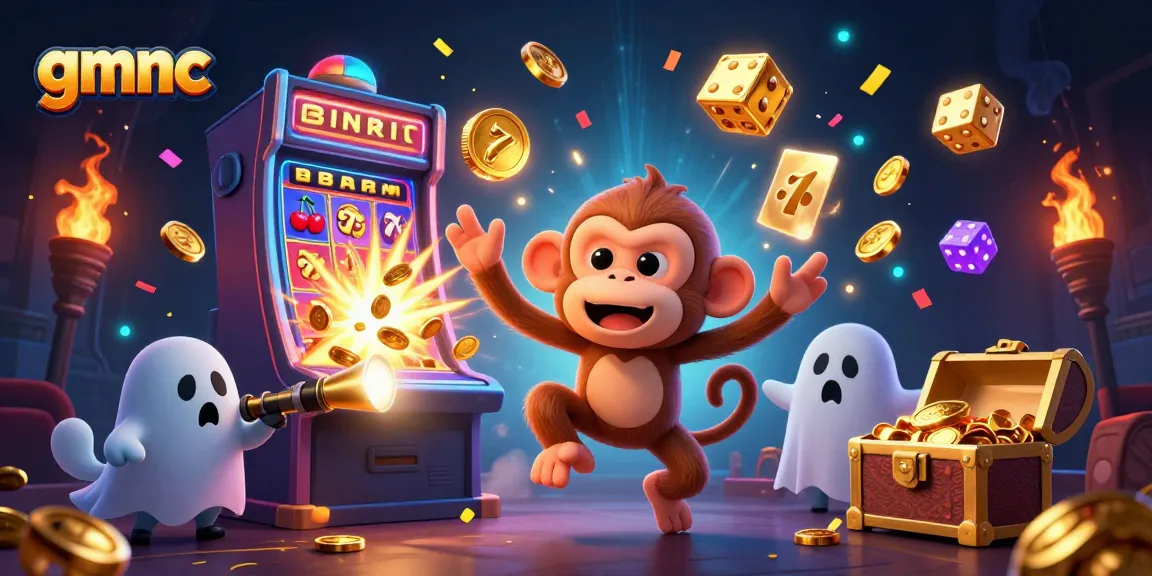 Engaging gmnc branding illustrates a fun-filled scene of gambling in a haunted casino adventure.