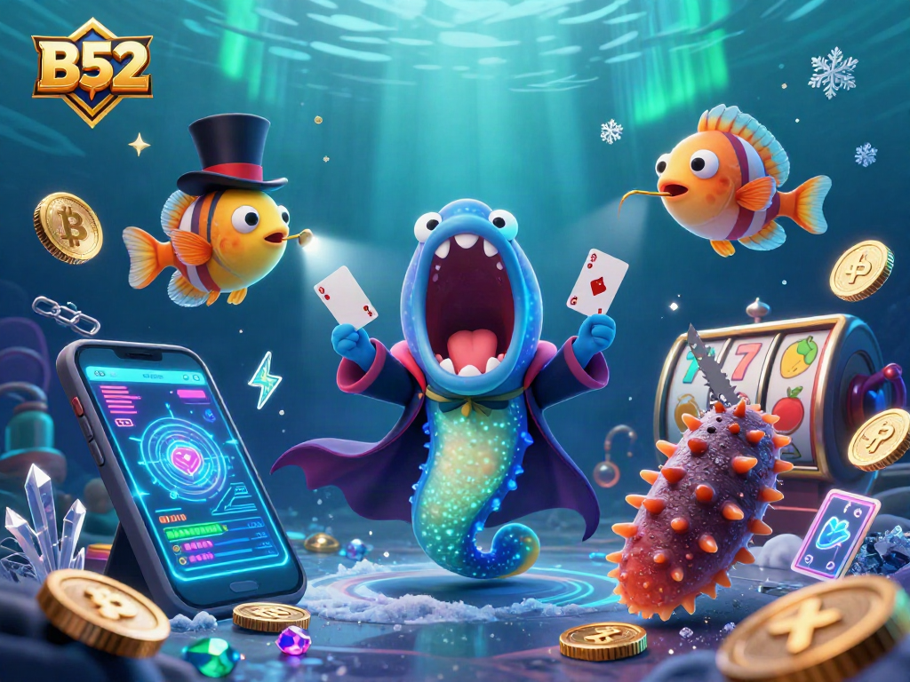B52 casino magic scene with an eel and anglerfish performing card tricks amidst glowing crypto elements.