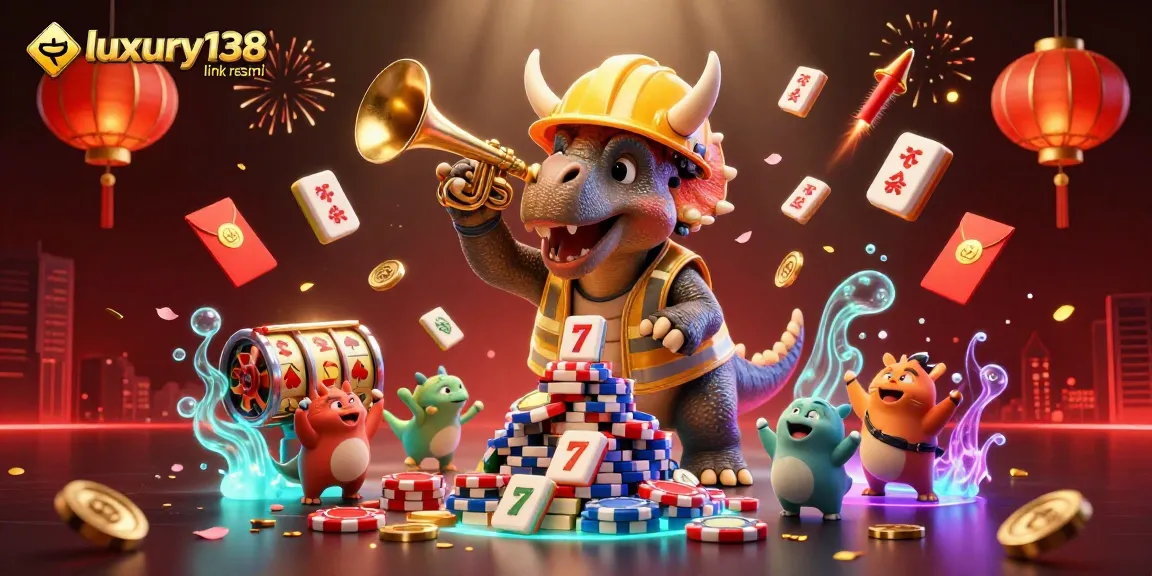 Experience the thrill of "luxury138 link resmi" with vibrant casino art, featuring dynamic elements and charming characters.