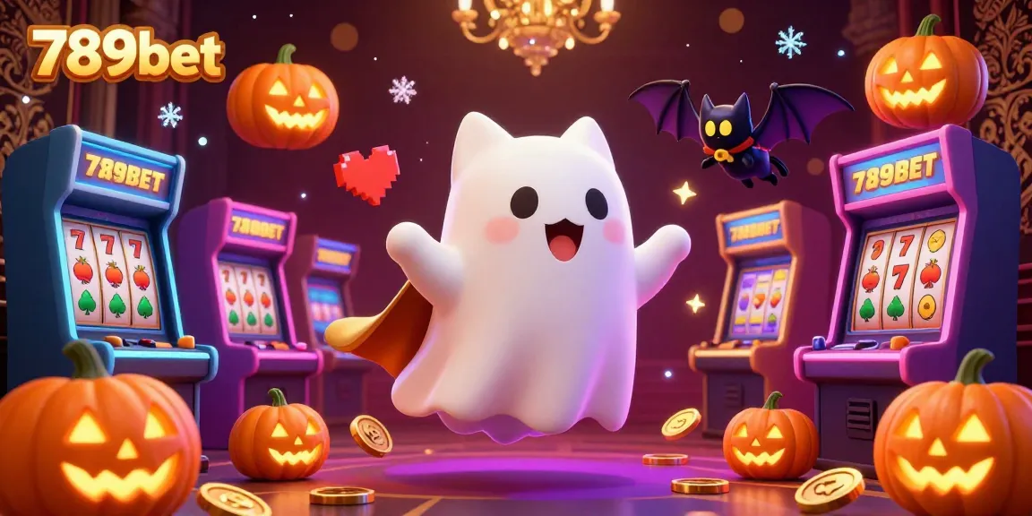 A spirited casino adventure with 789bet featuring a ghost cat and bat, surrounded by games and glowing jack-o-lanterns.