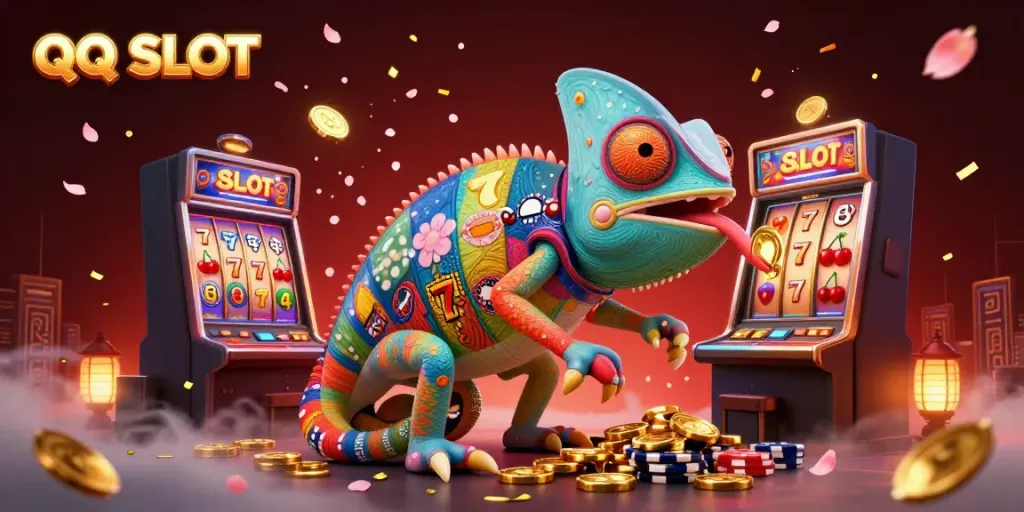 Experience QQ SLOT excitement in a vibrant 3D casino scene with spinning reels and golden jackpots.
