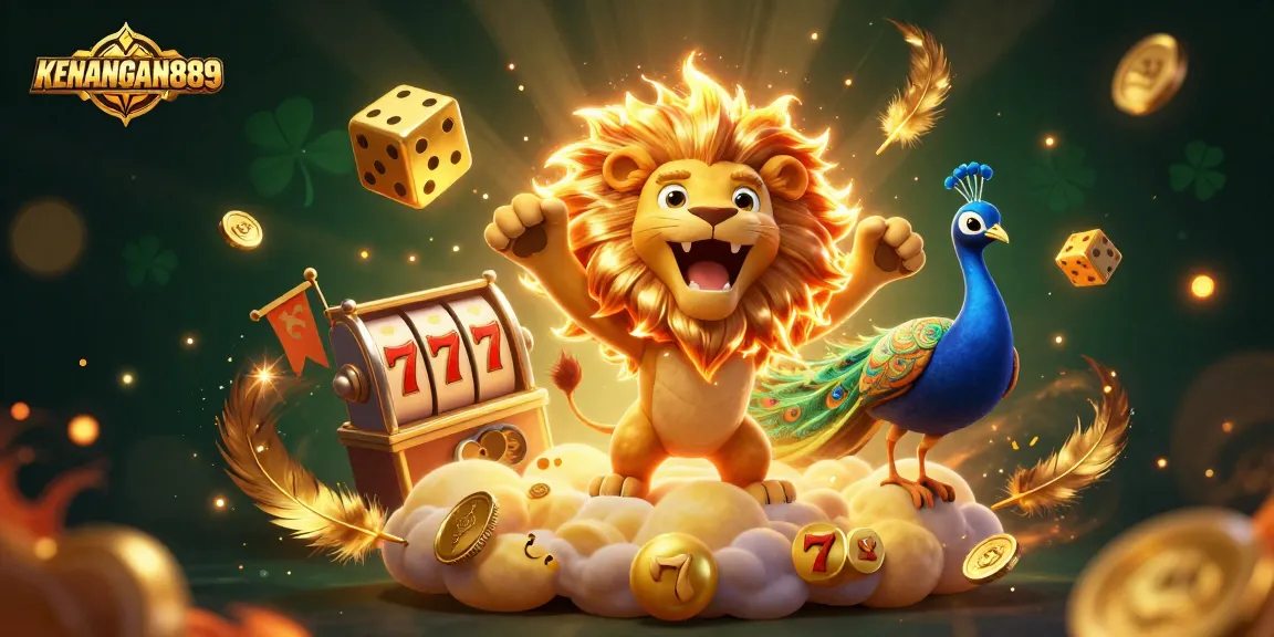 Play slot games at KENANGAN889 with vibrant visuals, golden coins, and thrilling characters.