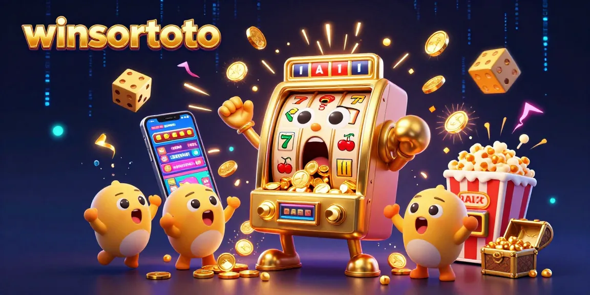 winsortoto offers stunning jackpot wins as a golden slot machine celebrates its victory amid coins and cheer.