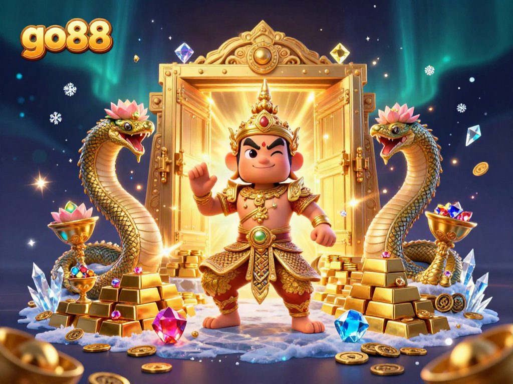 Engage with go88's vibrant 3D illustration showcasing jackpot excitement and dynamic gambling elements.
