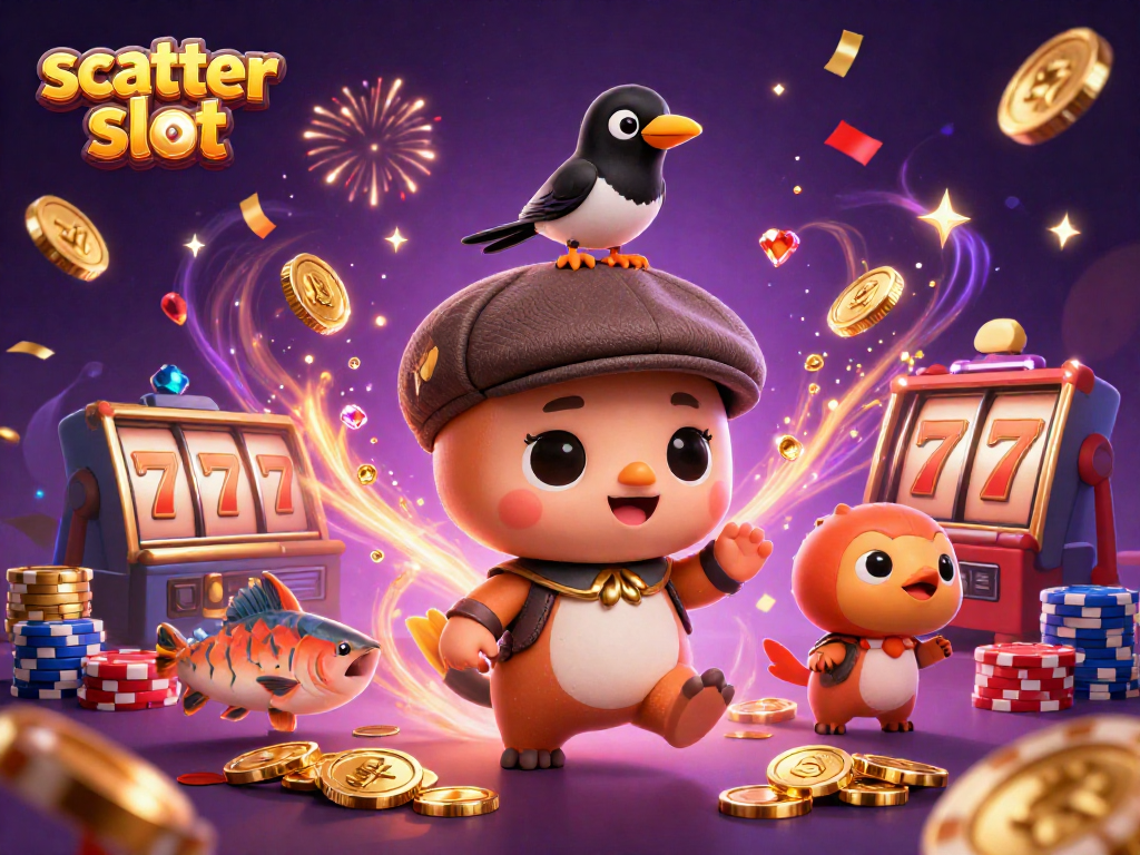 Experience the thrill of scatter slot games with playful characters amidst cascading gold coins.