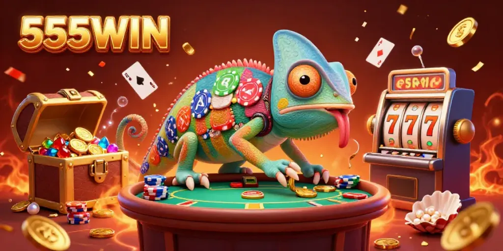 Experience the excitement of 555WIN with a chameleon casino owner amidst vibrant gaming elements.