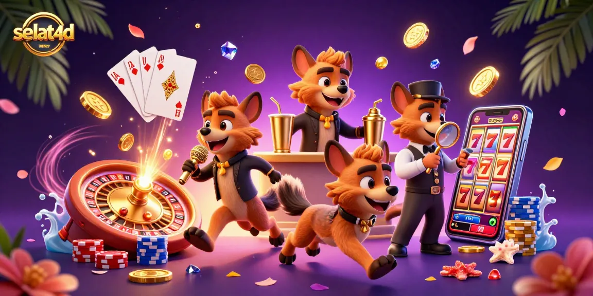 Experience selat4d's vibrant comedy casino scene with hyenas, games, and sparkling treasures.