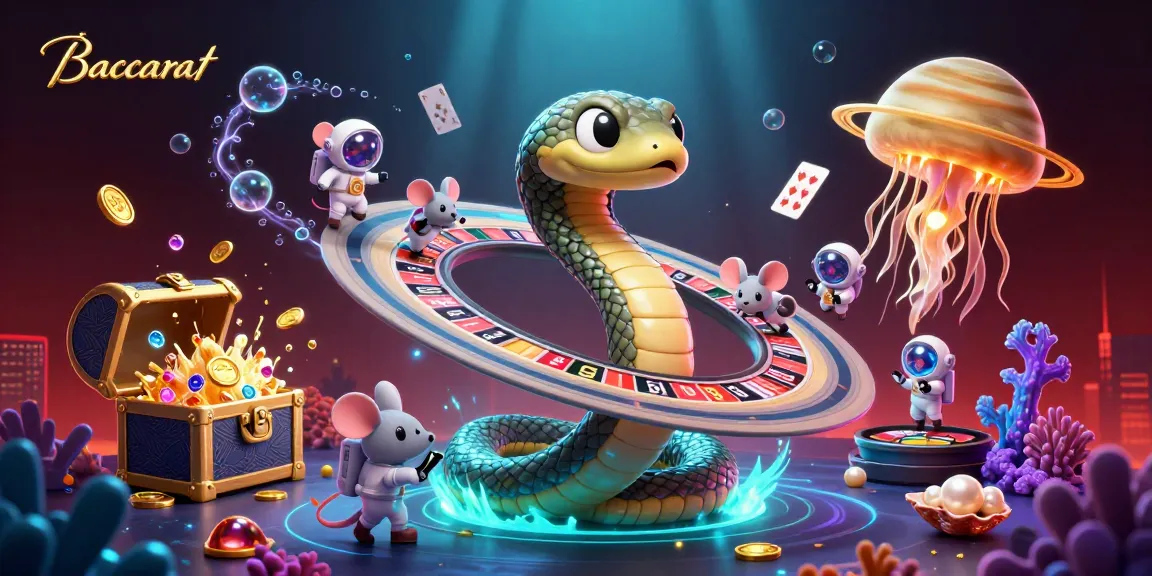 Baccarat players betting on a cosmic roulette wheel with vibrant 3D elements all around.