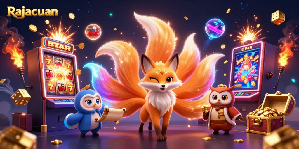 Experience Rajacuan's lively gaming atmosphere with a magical nine-tailed fox and a wise owl!