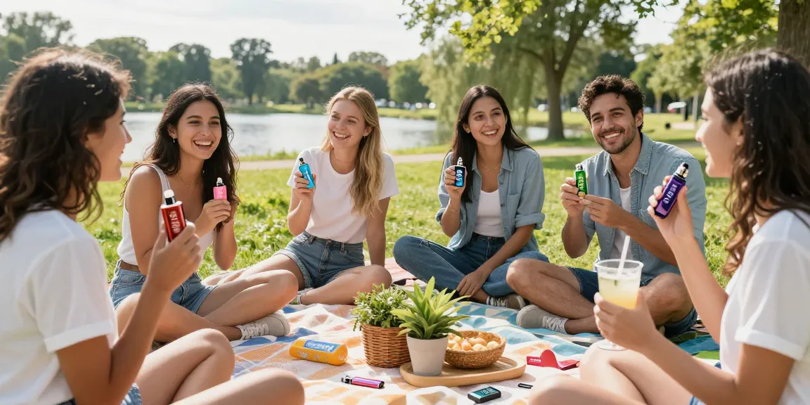 lost mary bm6000 vape device showcased in a vibrant outdoor wellness scene, emphasizing community and organic lifestyle.