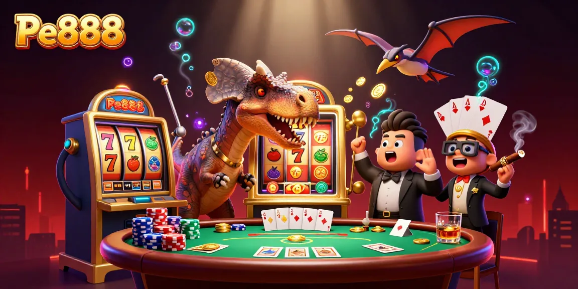 Pe888 features a pachycephalosaurus celebrating a jackpot win, surrounded by casino elements and golden coins.