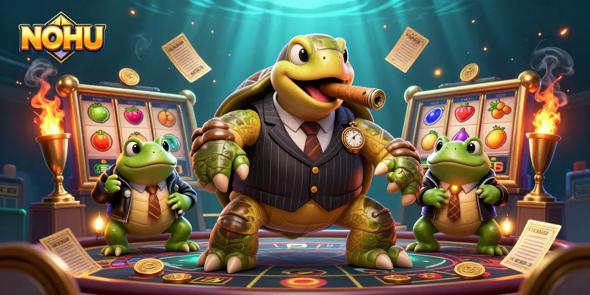 Experience the thrill of NOHU with the snapping turtle mobster overseeing a vibrant casino scene.