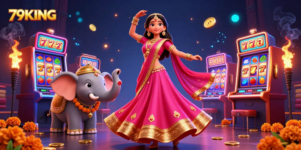 Join the excitement of 79KING with vibrant slot machines surrounded by golden rewards and a dance celebration.