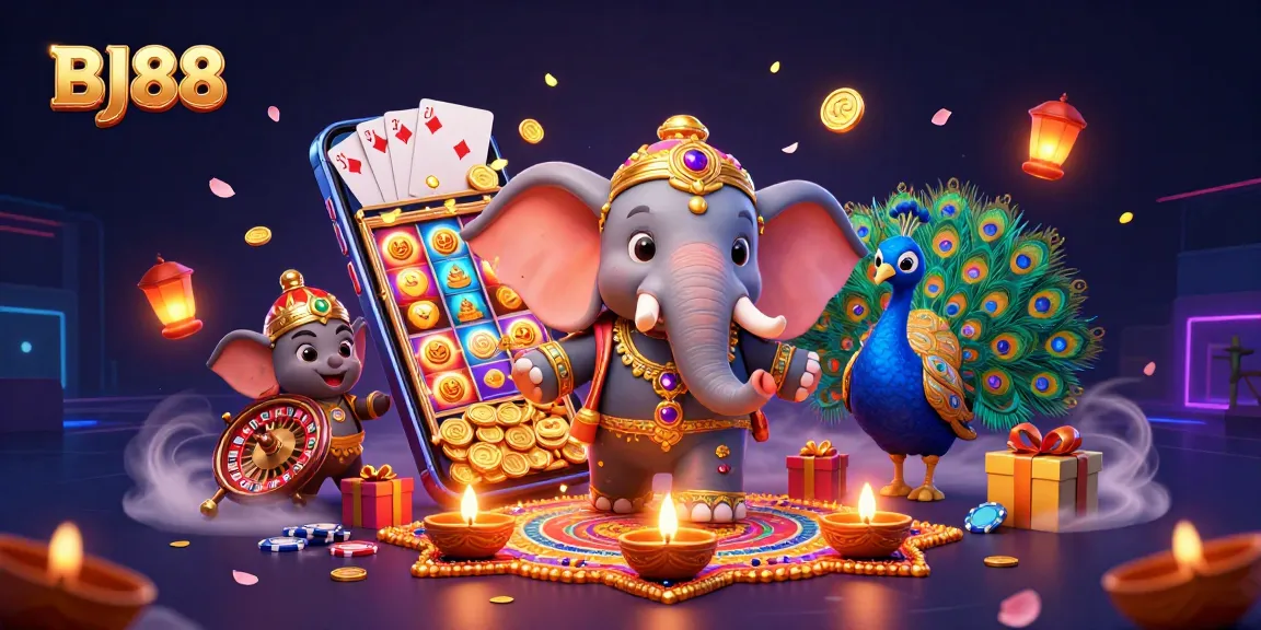 BJ88 gamifies excitement with vibrant 3D illustration, showcasing dynamic slot games and thrilling casino elements.