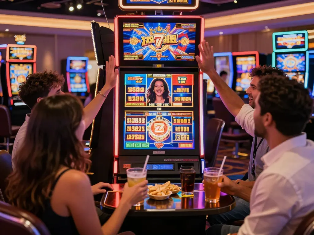 Exciting Lucky777 casino gaming scene with friends celebrating a win at a vibrant slot machine.
