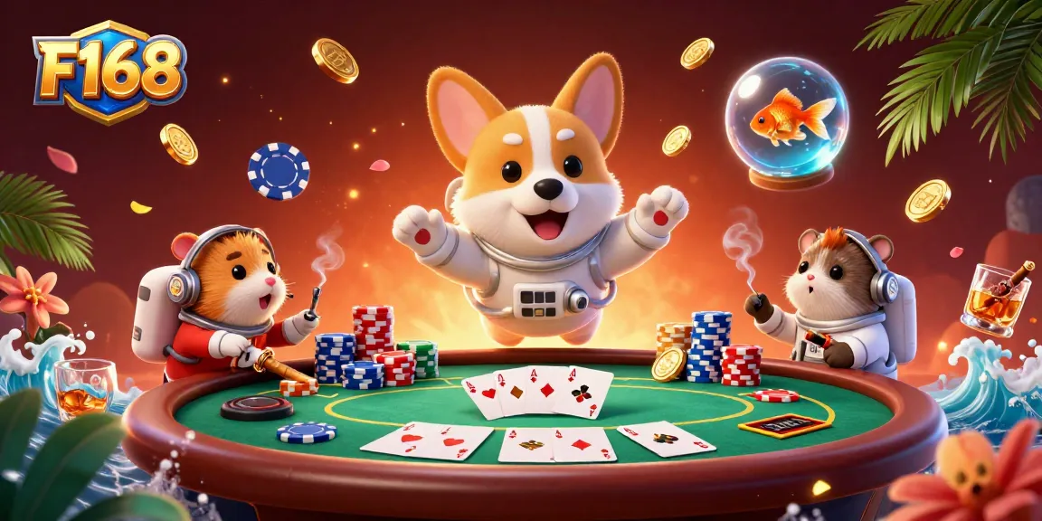 F168 players enjoying poker in a vibrant space casino with flying poker chips and coins