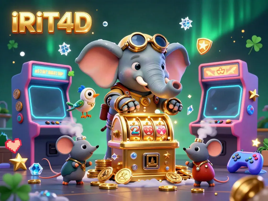 Spin the golden slot machine at IRIT4D surrounded by vibrant gaming elements.