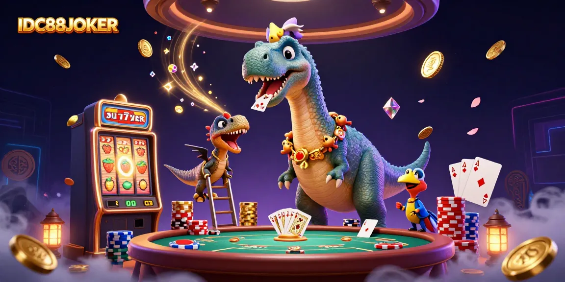 Engage with IDC88JOKER's vibrant 3D casino world, featuring a playful brontosaurus and exciting slot action.