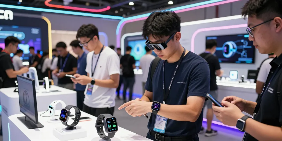 AI wearables showcased at a tech expo with diverse attendees engaging with innovative devices and health metrics.