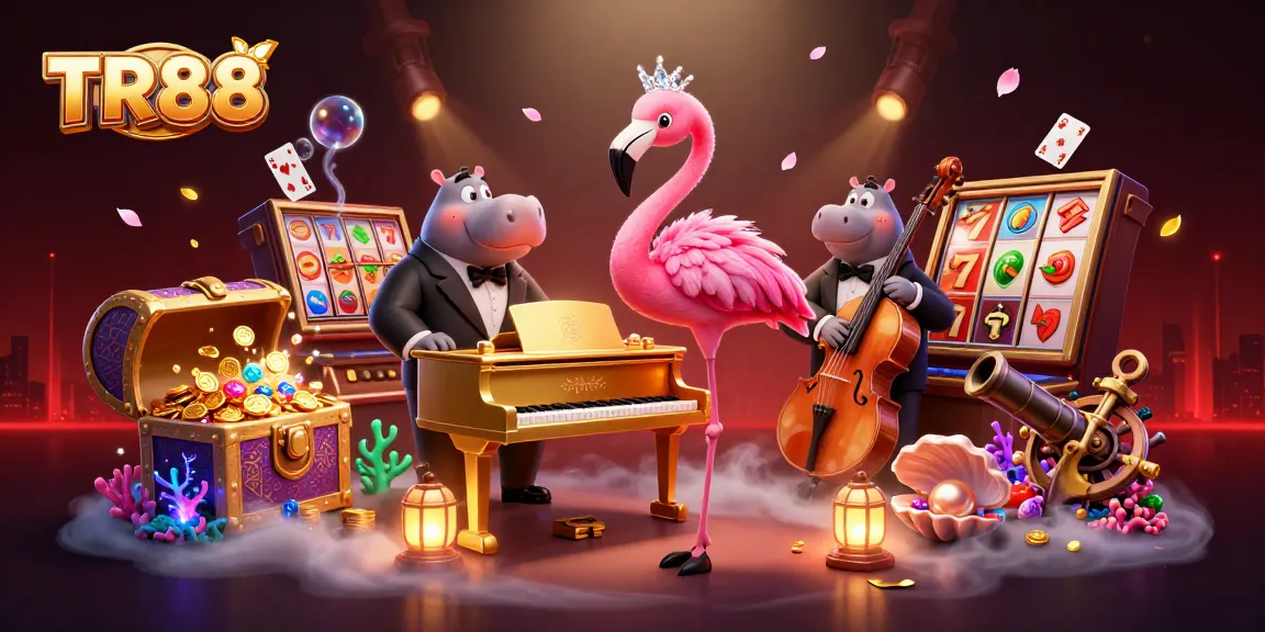 Experience the excitement of TR88 with a vibrant 3D casino scene featuring lively characters and slot elements.