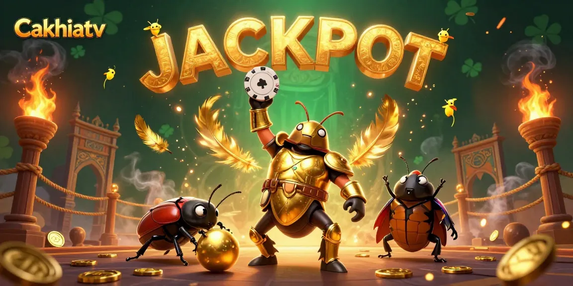 Cakhiatv showcases a victorious beetle in gladiator armor lifting a poker chip, surrounded by vibrant casino elements.