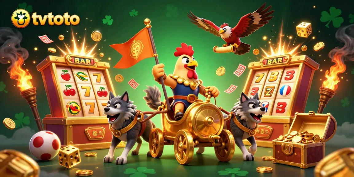 Experience the excitement of tvtoto with a vibrant illustration showcasing lottery elements and a rooster warlord.