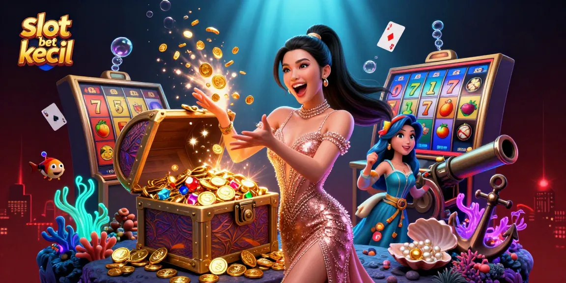 Experience excitement with slot bet kecil, featuring a treasure chest overflowing with coins in a vibrant casino scene.