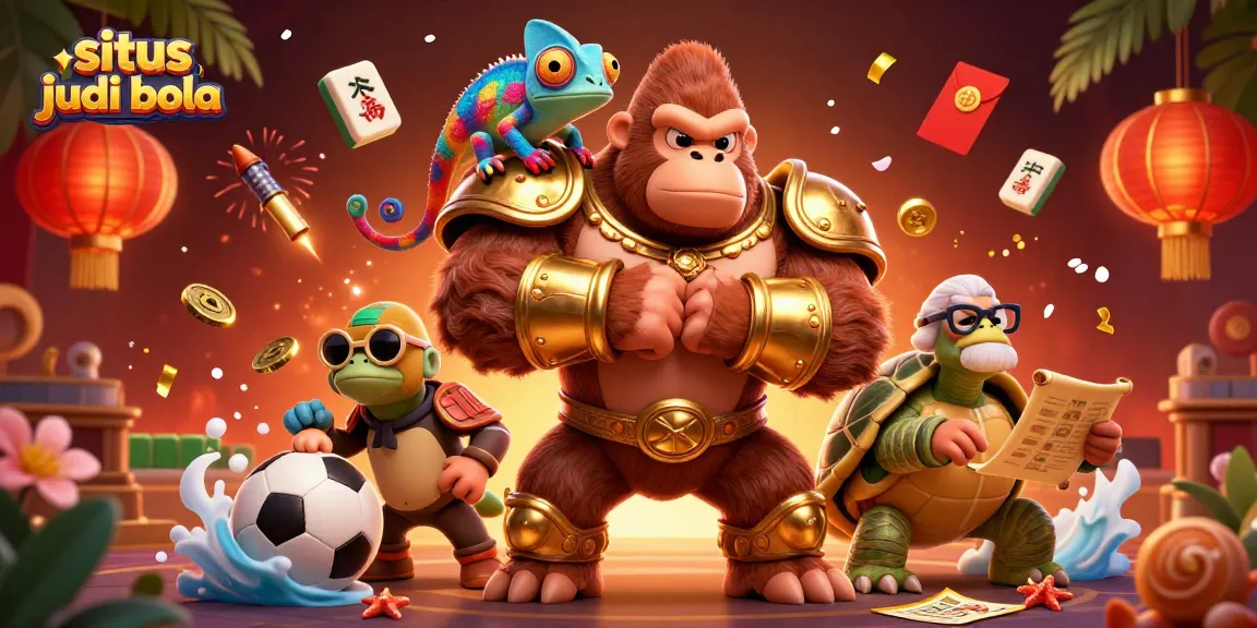 Ilustrasi situs judi bola yang menampilkan gorila raja 3D dan elemen taruhan olahraga.