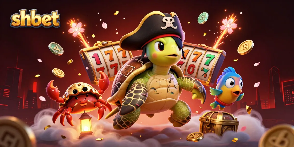 shbet offers a vibrant casino experience with a lively scene featuring a pirate turtle and treasures, evoking excitement.