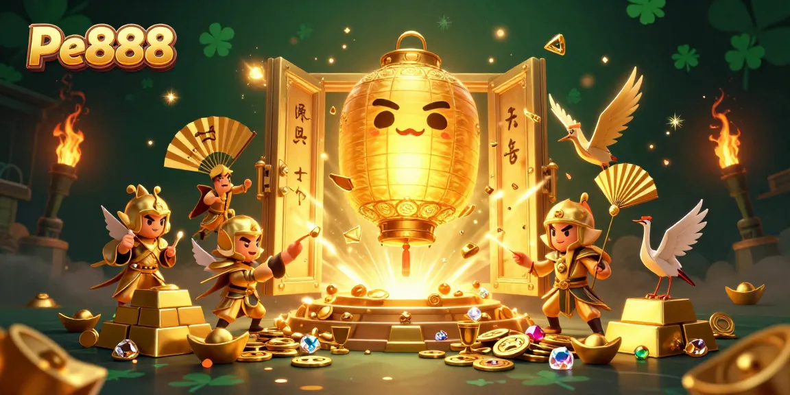Experience the vibrant world of Pe888, featuring a glowing lantern spirit and treasures amid casino excitement.