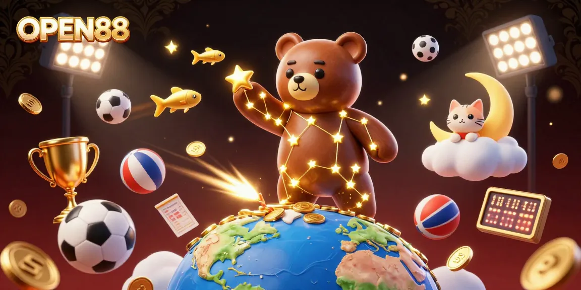 Bet and win at OPEN88 with a dynamic 3D casino illustration showcasing vibrant gaming elements.