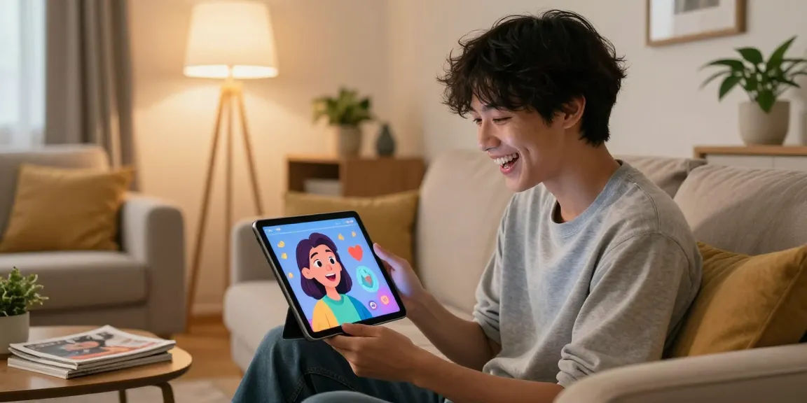Engaging moment with an AI girlfriend on a tablet in a cozy living room, showcasing vibrant interactions.