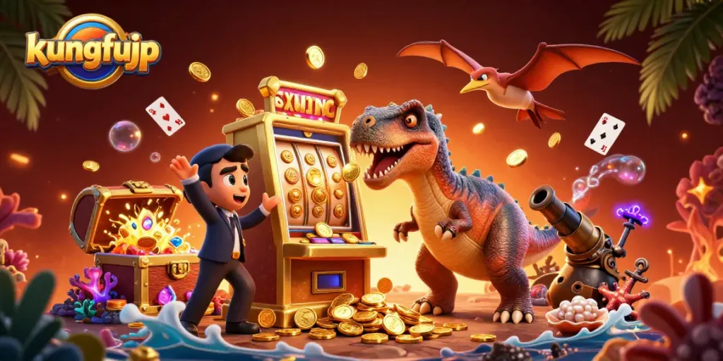Menangkan jackpot di slot mesin dengan kungfujp dan dino lucu pengelola kasino!