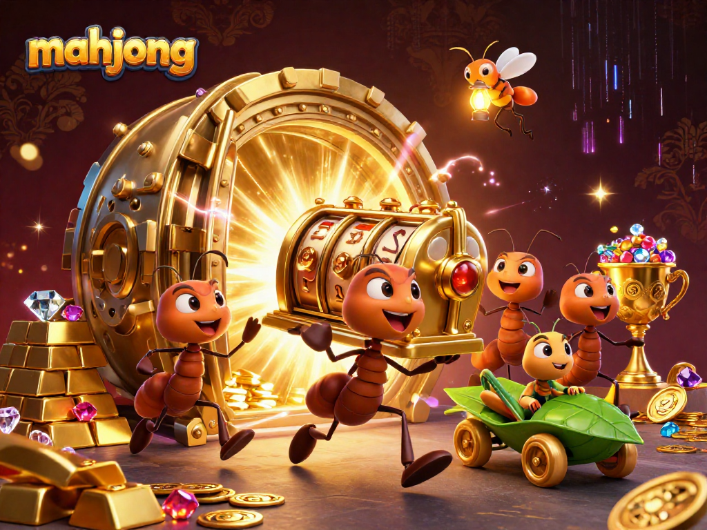 Engage with mahjong action as dynamic ants pull a massive golden slot machine heist.