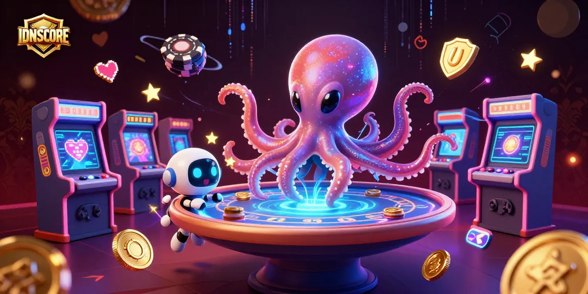 Engage with IDNSCORE as the alien octopus deals poker chips in an exciting casino scene.
