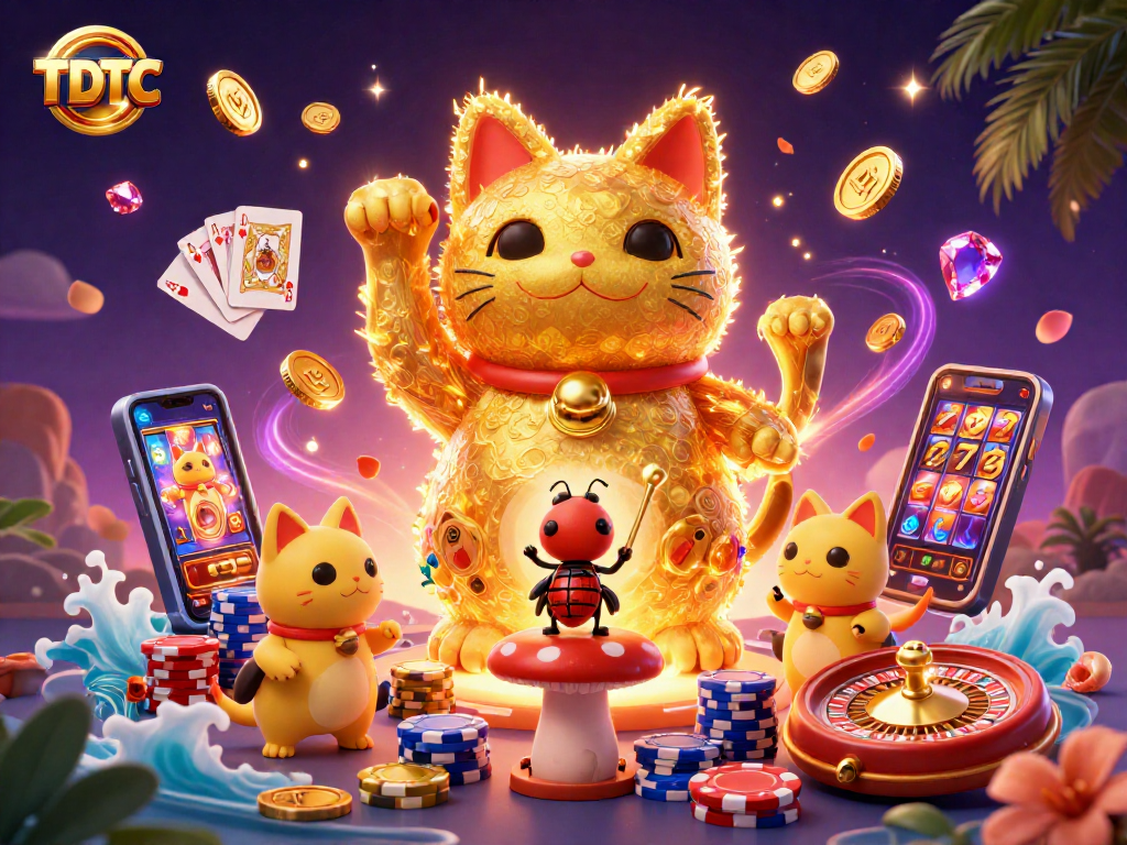 Experience winning excitement at TDTC with vibrant lucky cat and casino symbols.