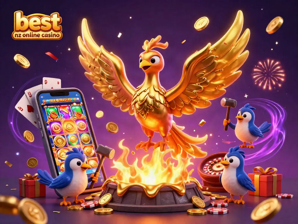 Engage in thrilling gaming at the best NZ online casino featuring a golden phoenix and vibrant slot games.